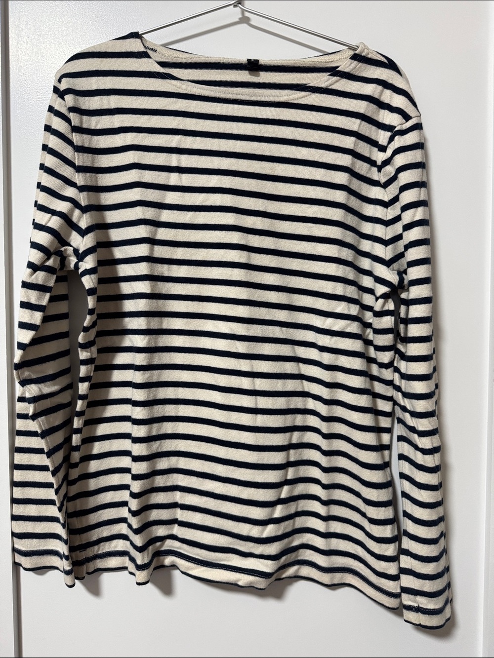 Muji Navy and White Striped Crewneck Top
